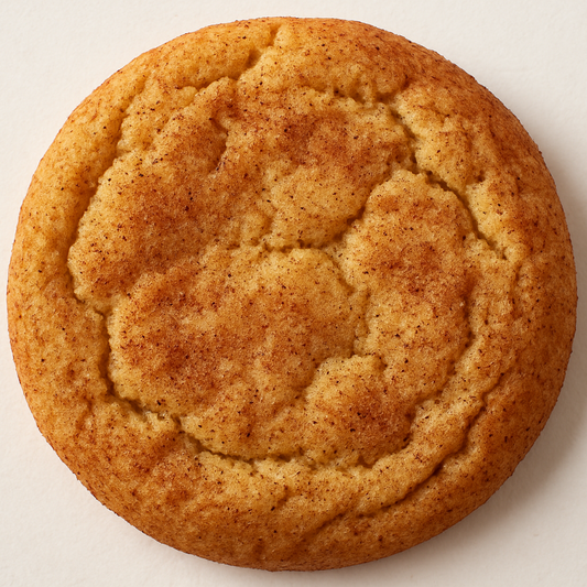 A square format image of a delicious snickerdoodle cookie with cinnamon sugar coating