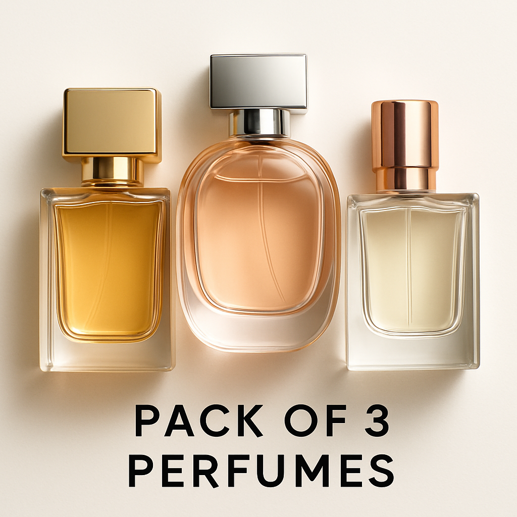 Pack of 3 Perfumes arranged in a compact, square-friendly composition showing three elegant perfume bottles
