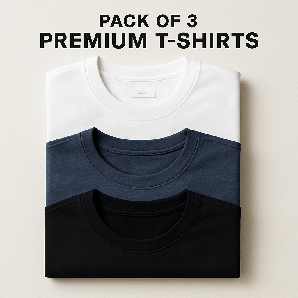 Pack of 3 Premium T-shirts arranged in a compact, square-friendly composition showing three neatly folded shirts